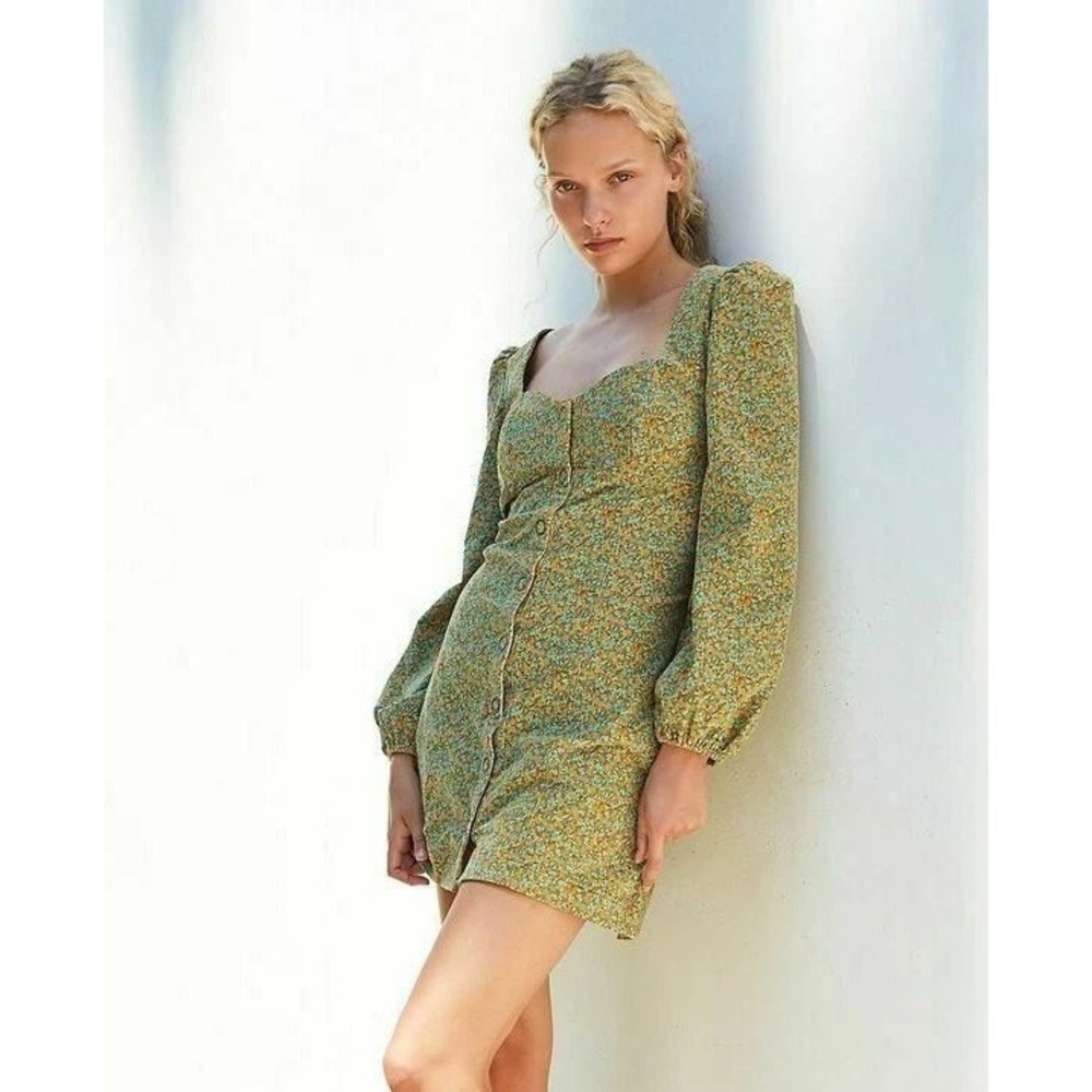 Free People Goldie Cord Mini Dress Women 12 Gold Floral Button Front Puff Sleeve